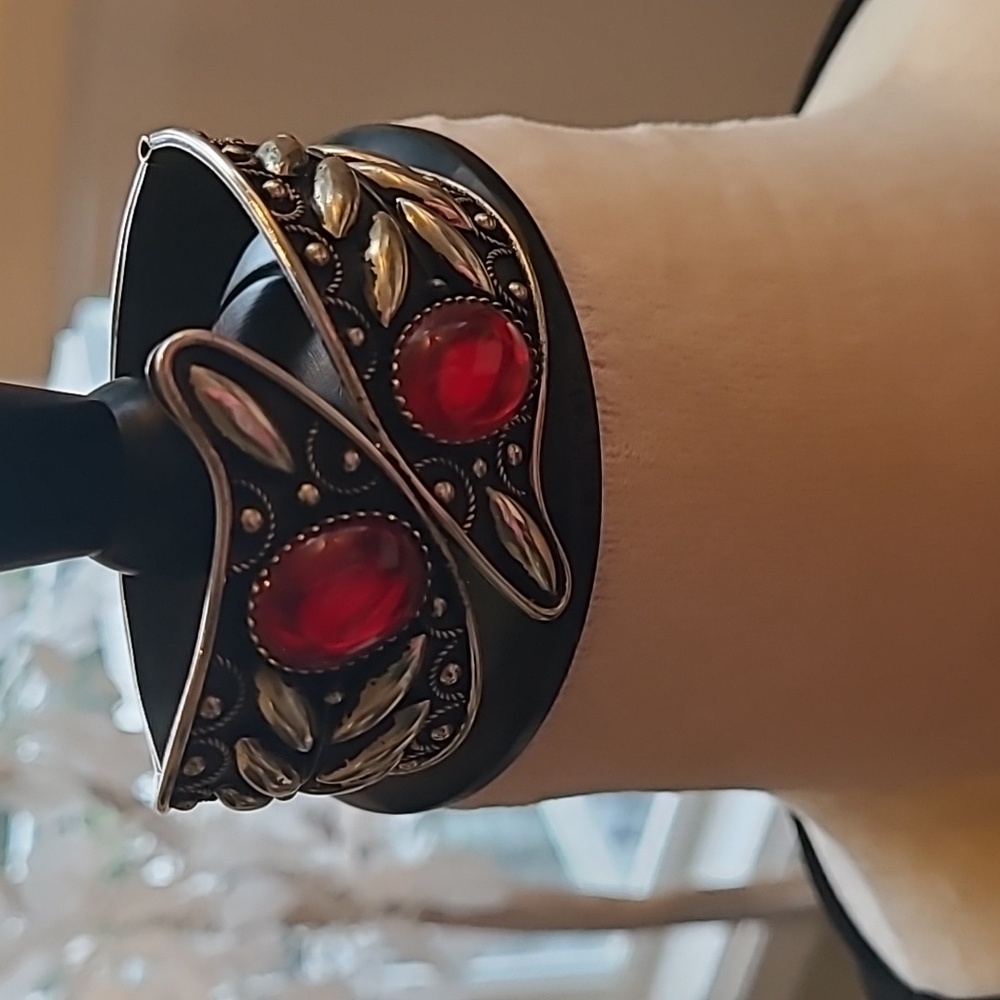Valentine's Day! Cuff bracelet. Silver and Black with Two Ruby Red Cabachons.